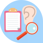 Icon of an ear, magnifying glass, and clipboard