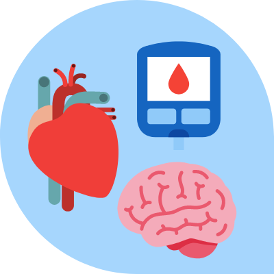 Icon of a heart, brain, and blood sugar monitor