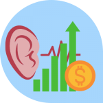 Icon of an ear, coin, and bar graph