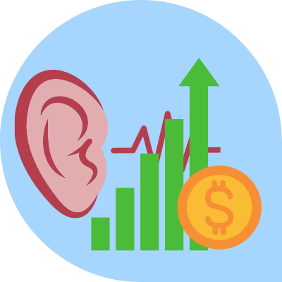 Icon of an ear, coin, and bar graph