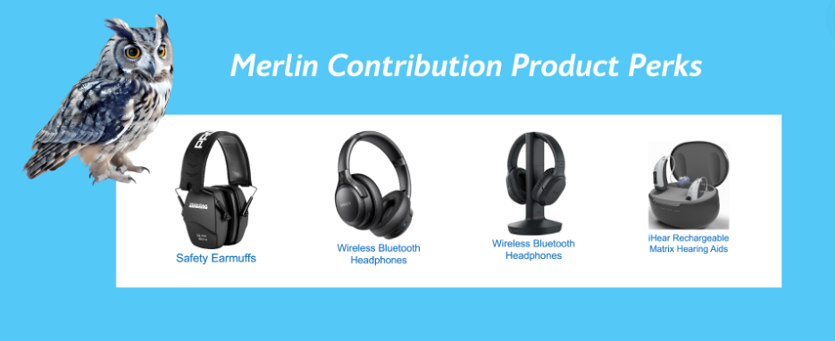 Merlin contribution product perks including hearing aids, wireless headphones and safety earmuffs